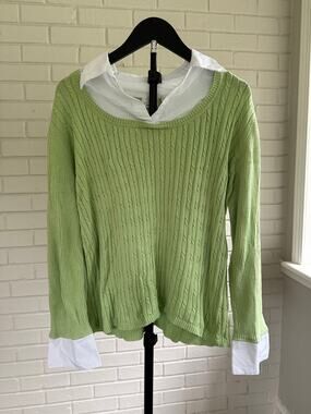 Kim Rogers Layered Cable Knit Sweater XL Green Preppy Cotton Collared Top